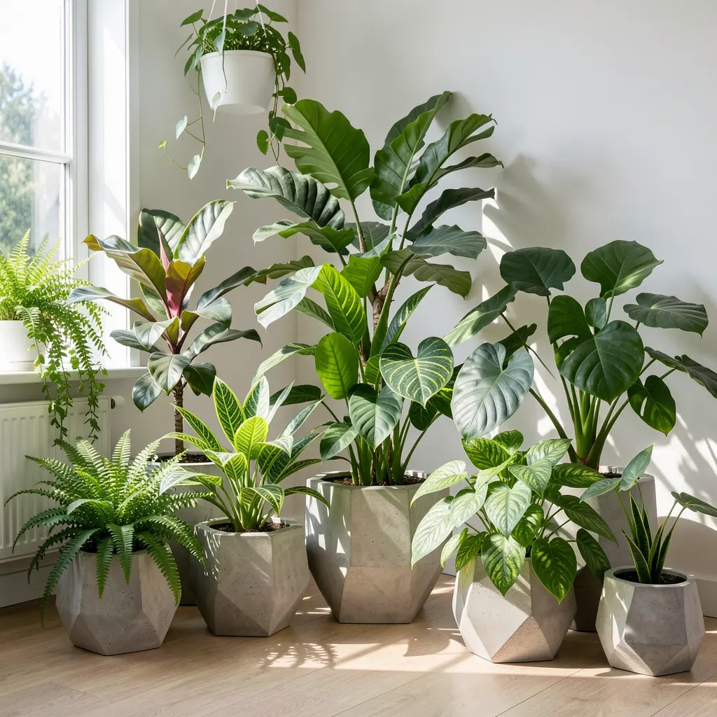 Collection of healthy indoor plants in modern pots